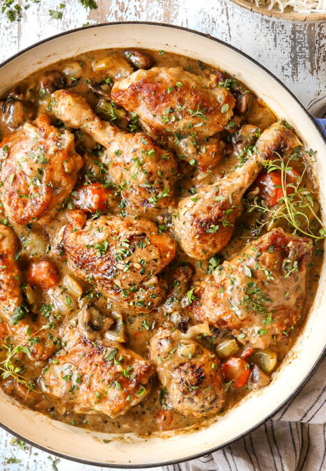 top view of chicken fricassee garnished with parsley and thyme v