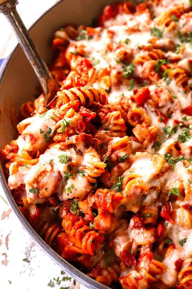 up close of scooping of Chicken Parmesan Pasta