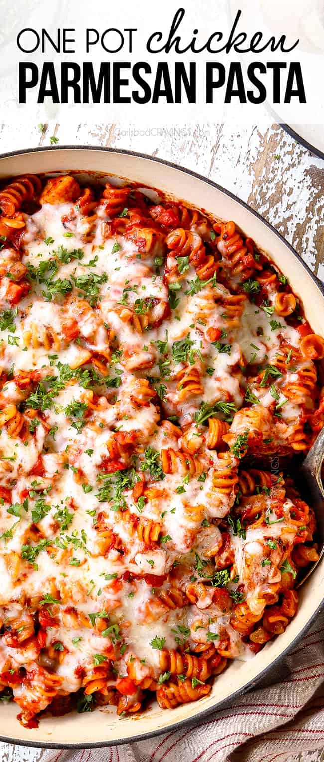 top view of Parmesan Chicken Pasta in a skillet with mozzarella cheese