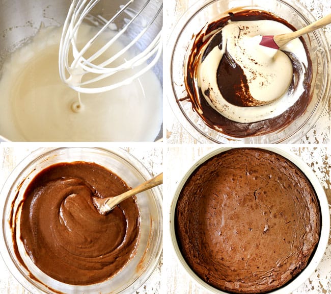 a collage showing how to make chocolate mousse cake by 1) whipping egg whites in a stand mixer, 2) adding egg whites into melted chocolate, 3) mixing egg whites into melted chocolate, 3) mixing egg whites into melted chocolate, 3) mixing egg whites into melted chocolate until smooth 4) baking cake in a springform pan