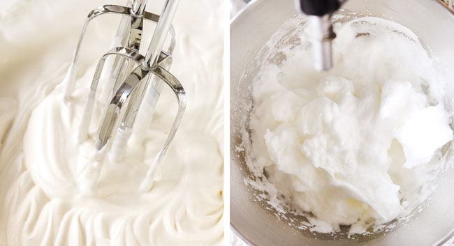 a collage showing how to make chocolate mousse cake by 1) whipping heavy cream until stiff peaks form, 2) whipping egg whites until stiff peaks form