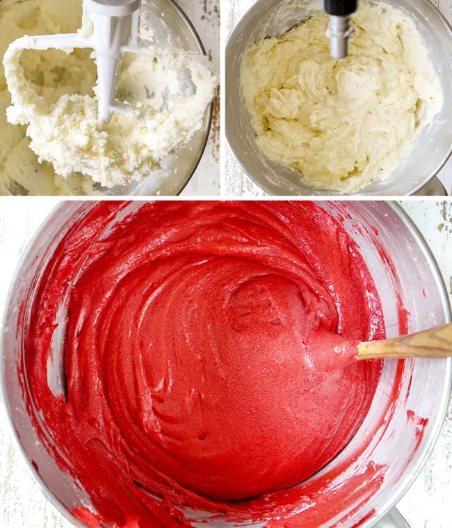 a collage showing how to make red velvet cheesecake by 1) creaming the butter and sugar in an electric mixer until fluffy, 2) adding flour to butter in thirds alternating with buttermilk, 3) adding cocoa powder and food coloring
