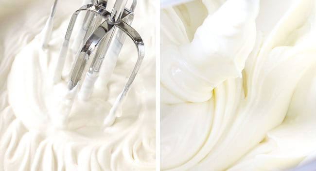 a collage showing how to make red velvet cheesecake by 1) beating heavy cream in a mixing bowl with an electric mixer until stiff peaks form, 2) beating cream cheese until fluffy