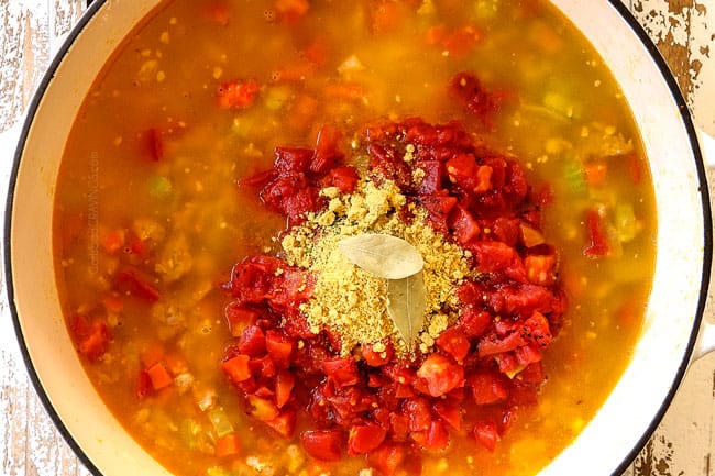 showing how to make gnocchi soup recipe by adding tomatoes, chicken broth, parsley, oregano to soup
