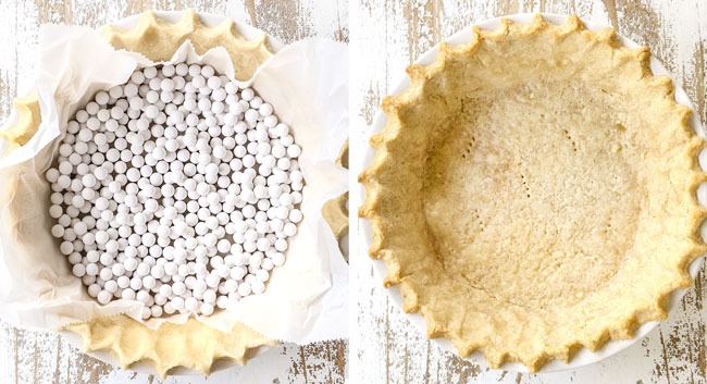 a collage showing how to make ham and cheese quiche recipe by adding pie weights to the pie shell and blind baking until golden