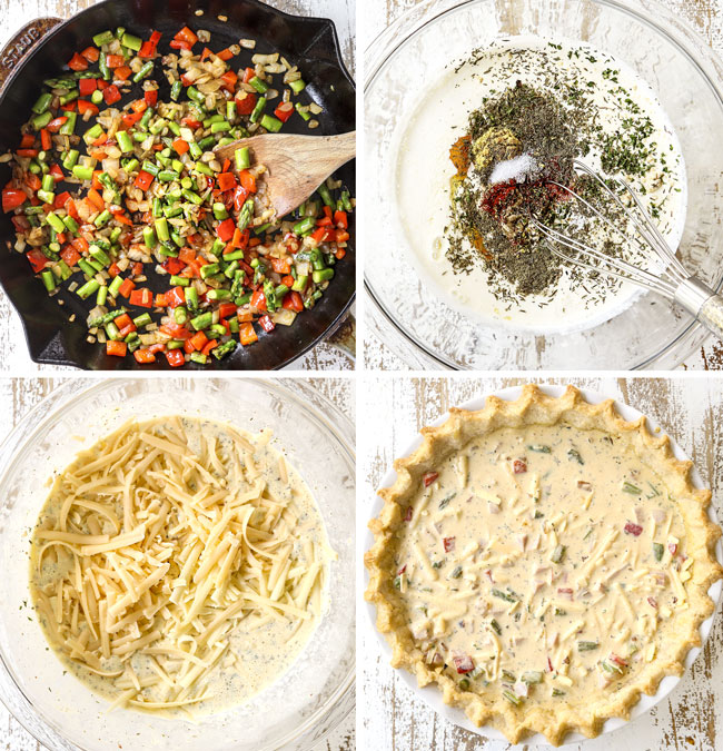 a collage showing how to make ham and cheese quiche recipe by 1) sautรฉing onions, asparagus and bell peppers in a skillet, 2) whisking eggs and seasonings together in a glass bowl, 3) adding cheese and ham to the egg mixture, 4) pouring filling int pie crust