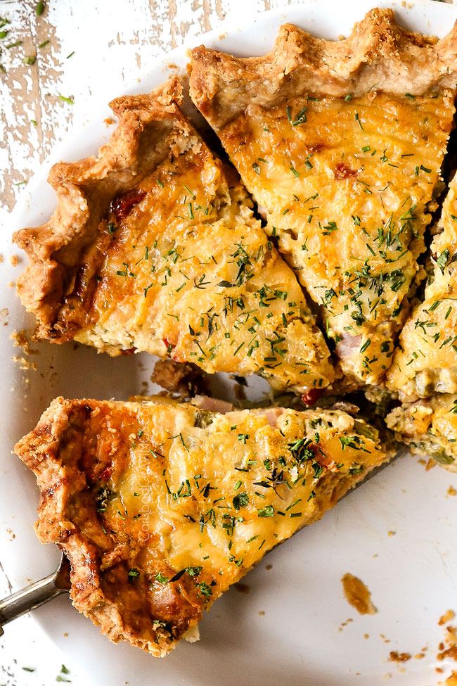 top view of ham and cheese quiche recipe cut into slices