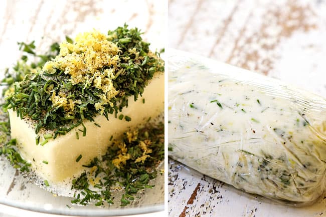 showing how to make London Broil recipe by making herb butter with butter, herbs, garlic and lemon zest in a glass bowl