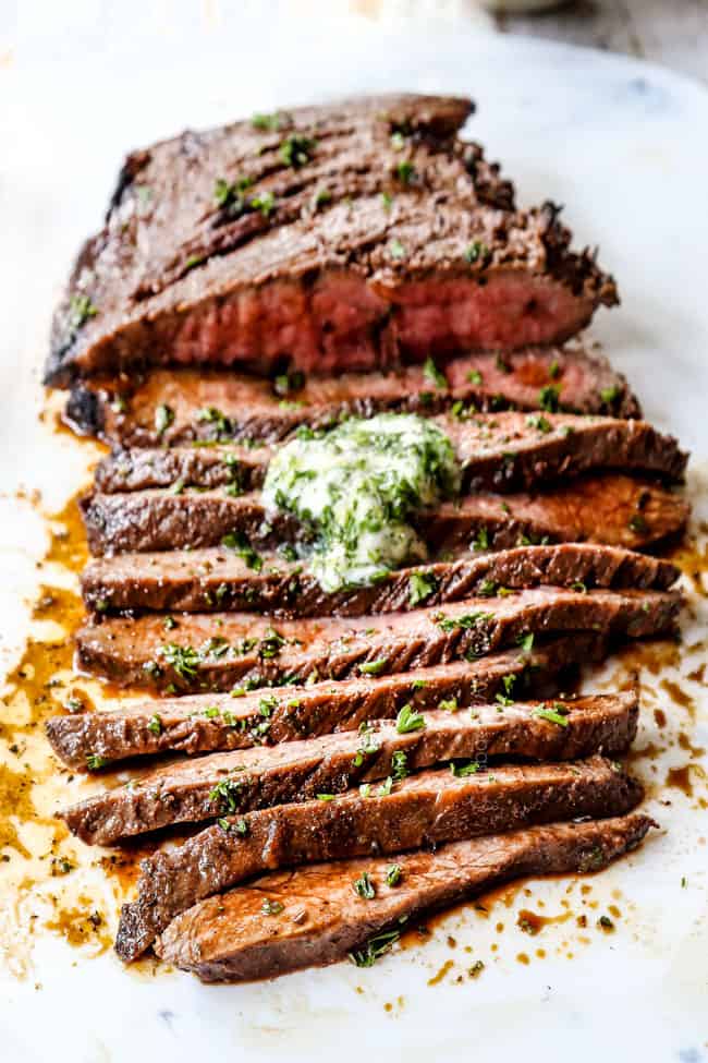 up close front view of London Broil recipe cut into juicy slices