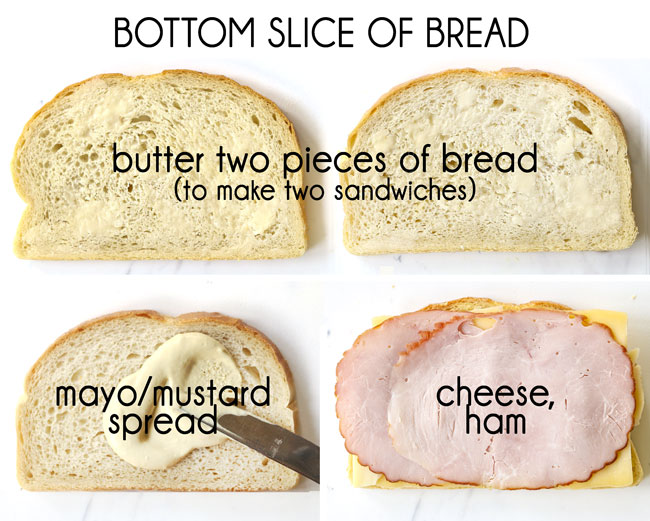 a collage showing how to make Monte Cristo recipe by 1) buttering two slices of bread, 2) adding mustard, 3) layering with cheese then ham
