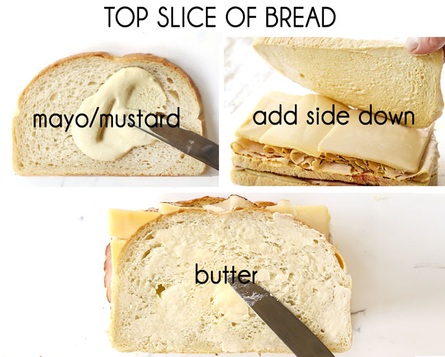 a collage showing how to make Monte Cristo sandwich recipe by 1) adding mayonnaise and mustard to a slice of bread, 2) adding bread mayonnaise side down and 3) adding softened butter on top