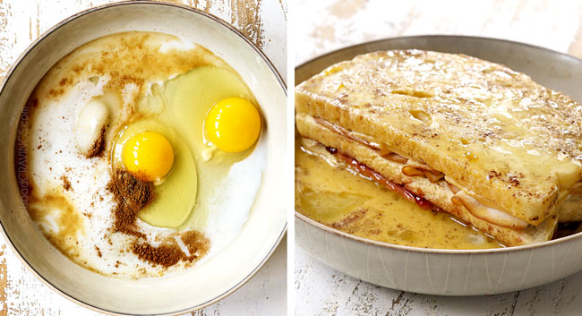 a collage showing how to make Monte Cristo recipe by 1) adding batter ingredients to a bowl, 2) dipping sandwich in batter
