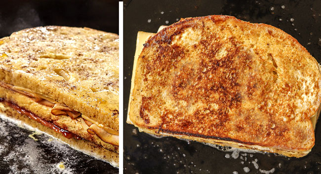 showing how to make Monte Cristo recipe by pan frying the monte Cristo in butter until golden in a cast iron skillet