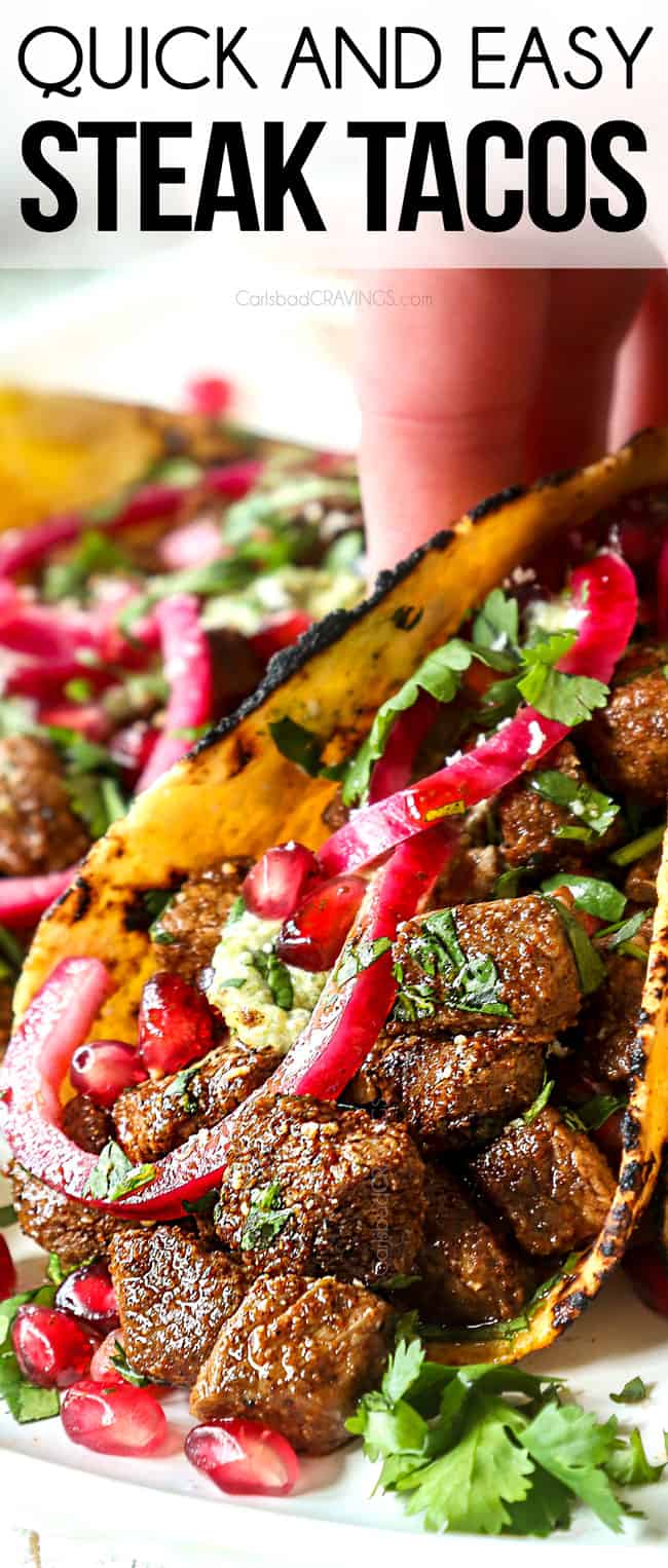 up close of steak taco recipe showing how juicy the steak is
