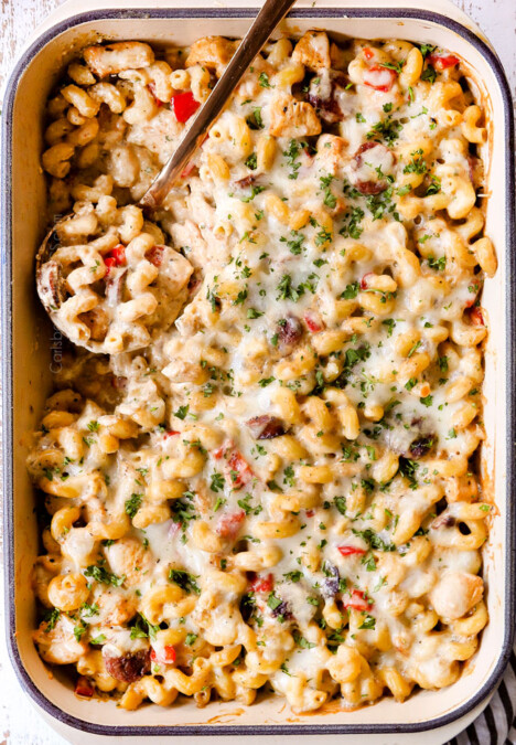 top view of Cajun Chicken Alfredo garnished with fresh parsley