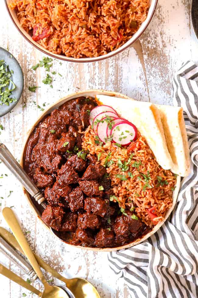 top view of Chile Colorado with rice and tortillas