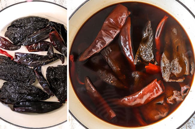 a collage showing how to make Chile Colorado by toasting chile peppers then soaking in water