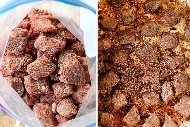 a collage showing how to make Chile Colorado recipe by tossing beef with salt and pepper then searing in a Dutch oven