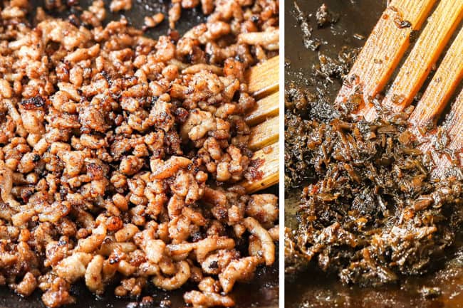 a collage showing how to make Dan Dan Noodles recipe by cooking pork in a wok until crispy then sui mi ya cai until warmed through