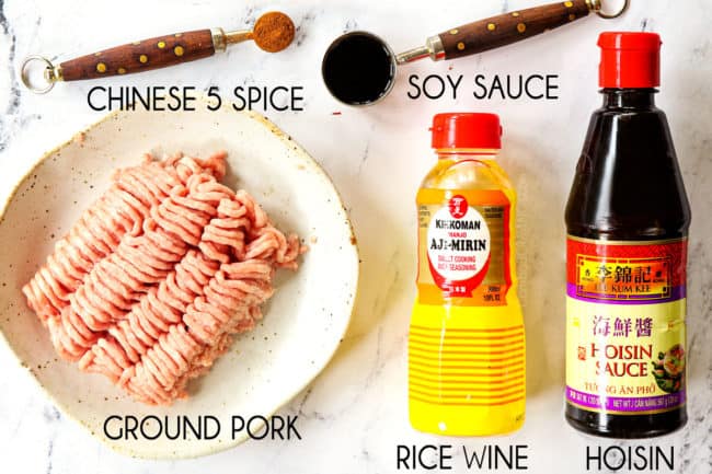 showing how to make Dan Dan Noodles recipe by lining up pork ingredients: ground pork, hoisin sauce, soy sauce, rice wine, Chinese 5 spice