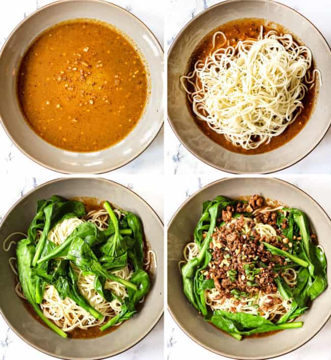 a collage showing how to make Dan Dan Noodles by 1) adding chili oil to the bottom of a bowl, 2) adding noodles, 3) adding choy yum 4) adding pork, green onions and peanuts