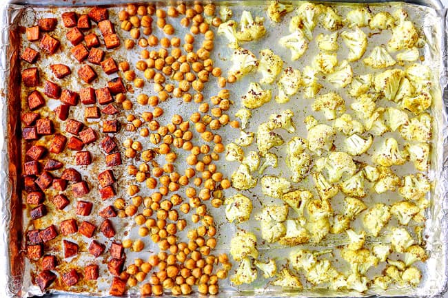 showing how to make rice bowl by roasting cauliflower, chickpeas and sweet potatoes