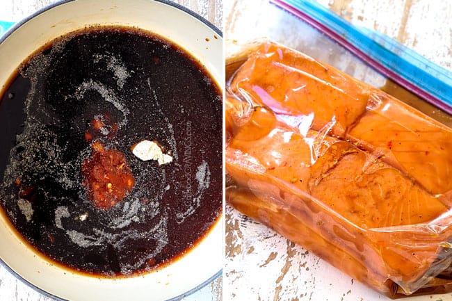 a collage showing how to make teriyaki salmon recipe by making teriyaki sauce and marinating salmon in a plastic bag