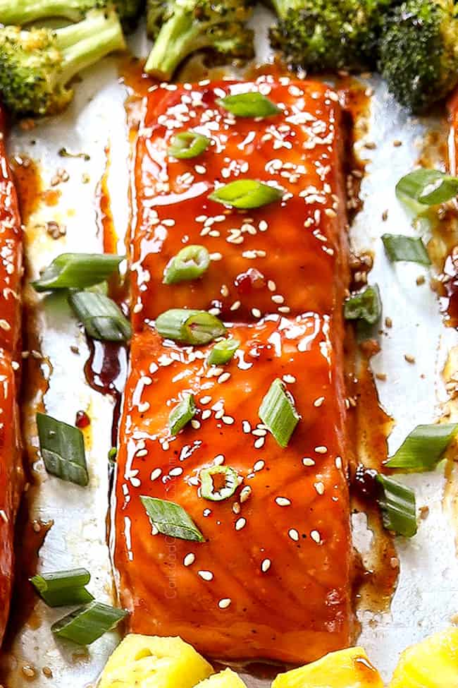 up close of glazed teriyaki salmon showing how juicy it is
