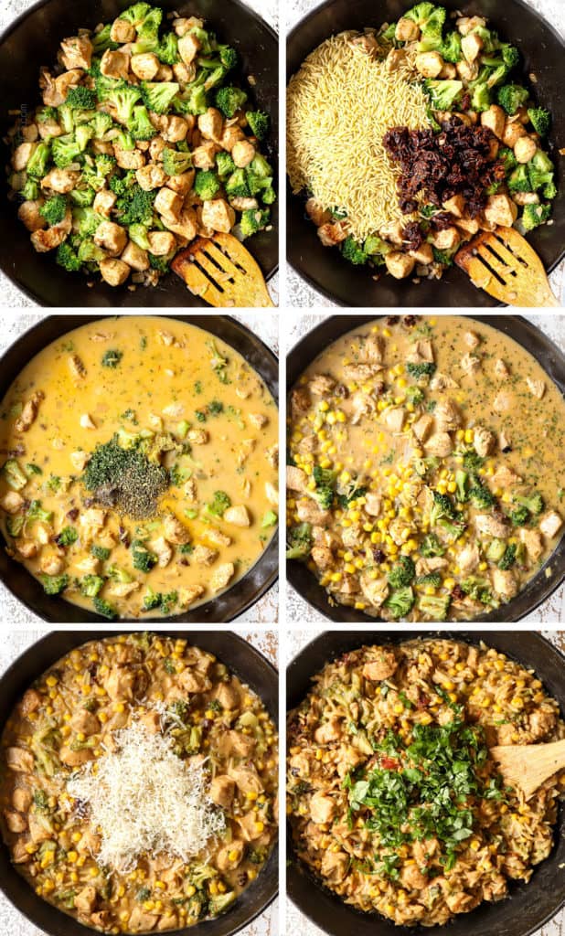 a collage showing how to make basil chicken by 1) cooking chicken with broccoli, 2) adding sun-dried tomatoes and orzo, 3) adding basil, parsley, oregano, 4) stirring in corn and chicken broth, 5) stirring in Parmesan, 6) adding fresh basil to chicken