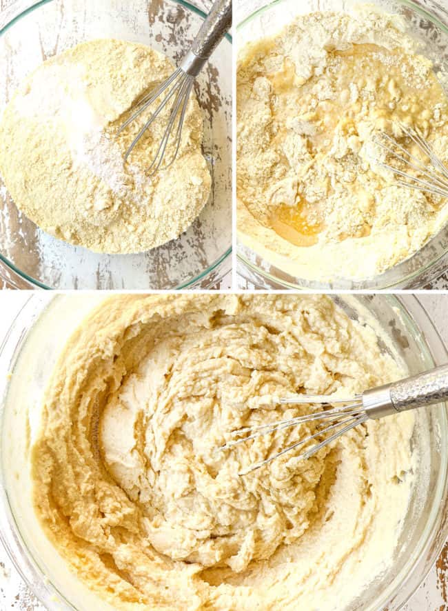 a collage showing how to make tamale pie cornbread topping by mixing masa harina, salt and baking powder together, 2) mixing in chicken broth, 3) mixing in melted butter until smooth