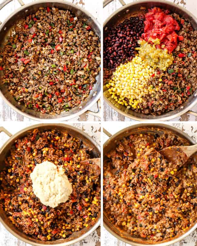 a collage showing how to make tamale pie recipe by 1) browning ground beef onions and bell peppers, 2) adding black beans, tomatoes, corn and green chilies, 3) adding masa harina batter to filling 4) stirring until creamy in a stainless steel skillet