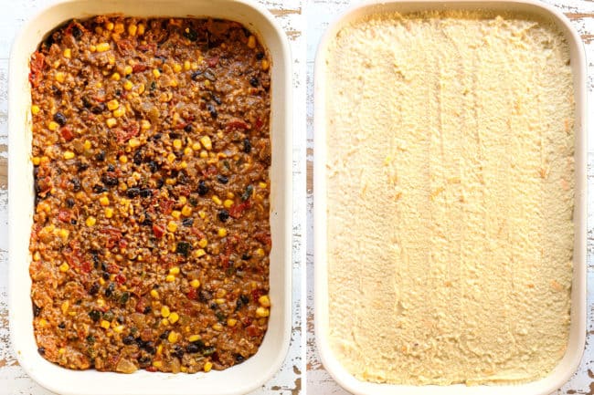 showing how to make tamale pie recipe by adding filling to the bottom of a 9x13 dish hand topping with cornbread batter