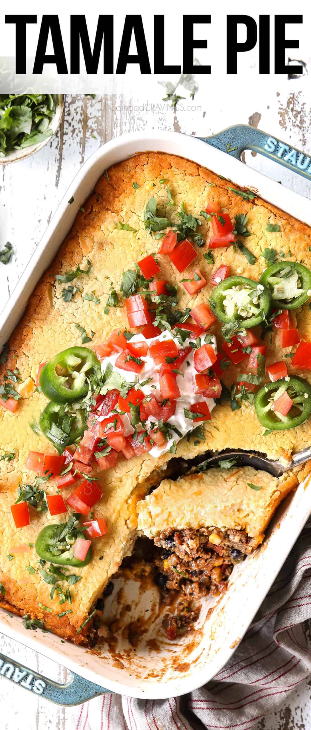 top view of tamale pie in a casserole dish