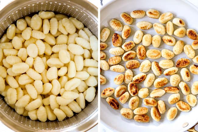 a collage showing how to make gnocchi by first boiling in water then toasting in a skillet until crispy