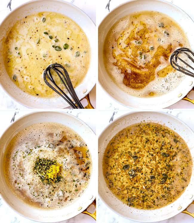 a 4 picture collage showing how to make gnocchi sauce by 1) melting butter in a white skillet with sage leaves, 2) browning butter, 3) adding fresh herbs, lemon juice and lemon zest, 4) stirring the gnocchi sauce together until evenly combined