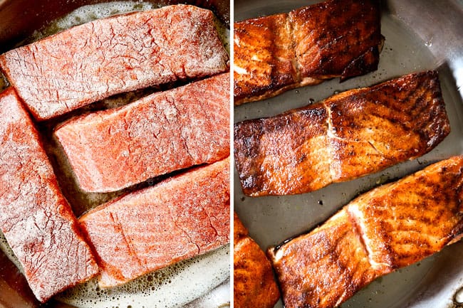 a collage showing how to make Tuscan salmon by searing salmon in stainless steel skillet