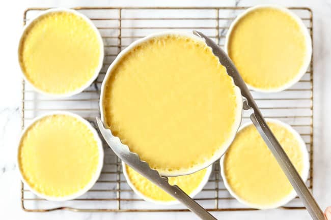 showing how to make creme brulee by cooling custard on a wire rack