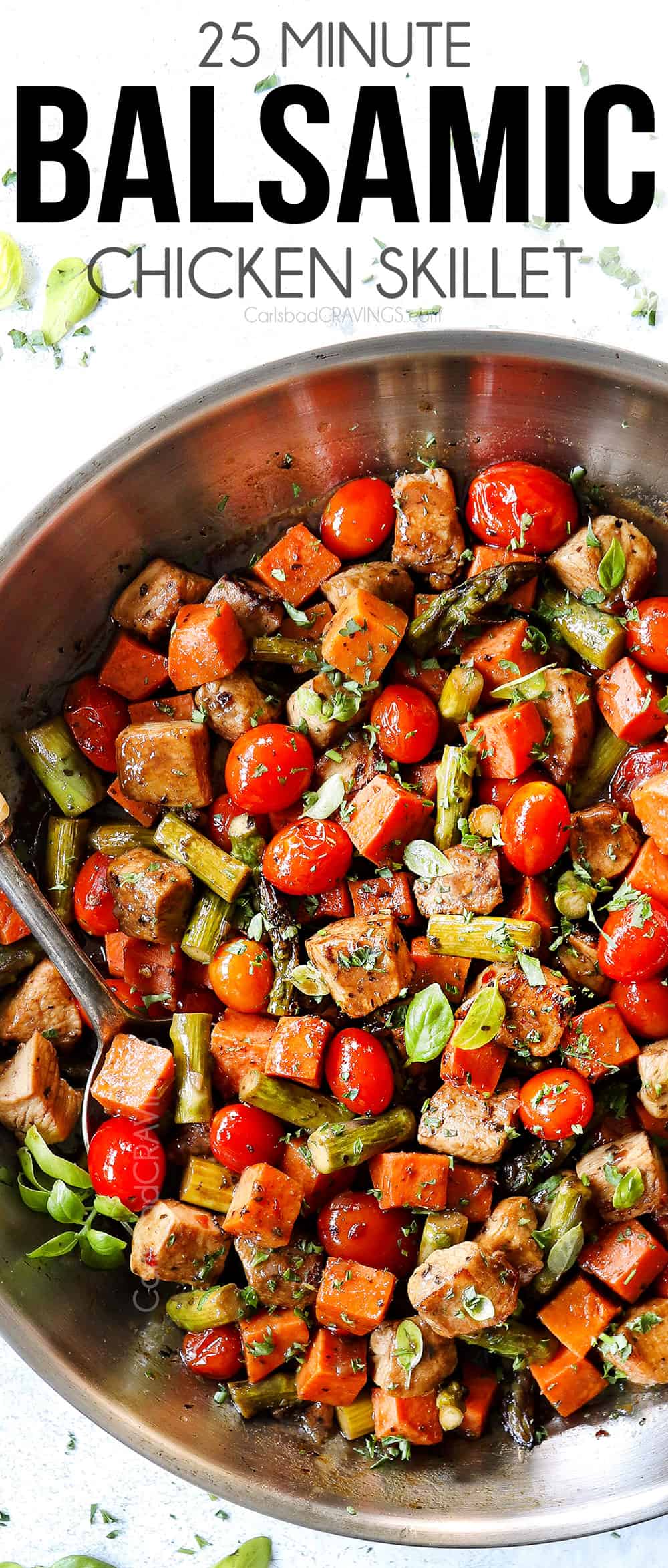 top view of balsamic chicken in a stainless steel skillet