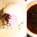 showing how to make corned beef by making curing brine by adding corned beef seasonings, kosher salt and curing salt to a stock pot