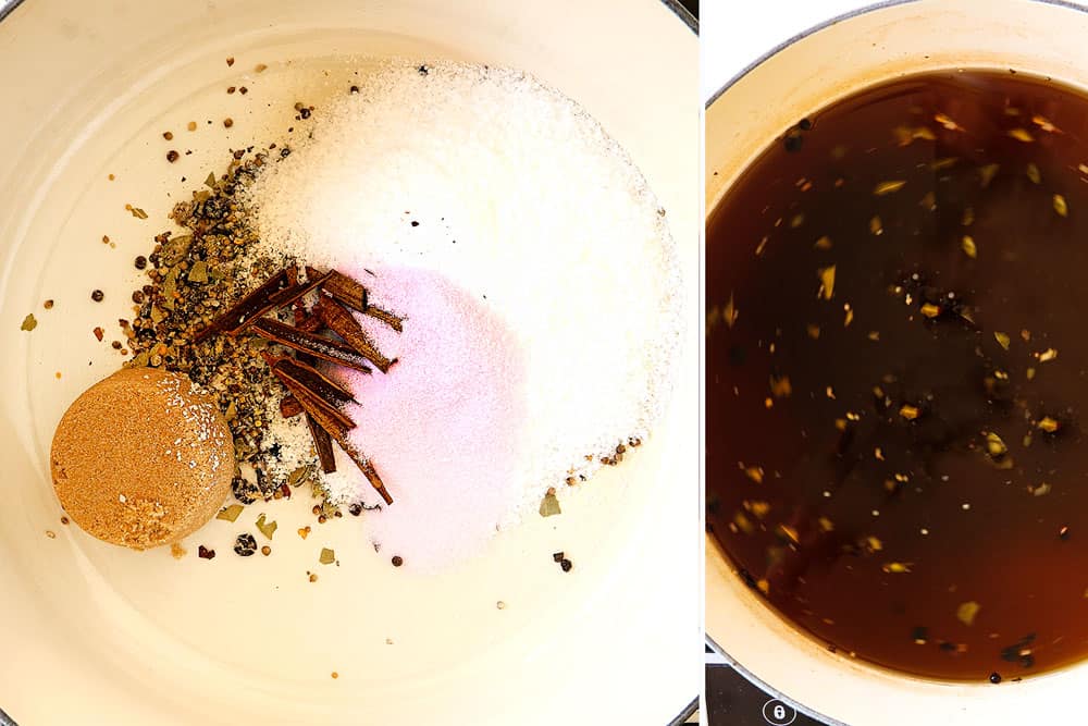 showing how to make corned beef by making curing brine by adding corned beef seasonings, kosher salt and curing salt to a stock pot