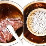 a collage showing how to make corned beef recipe by adding brisket to curing brine then weighing down with pie weights in a bowl