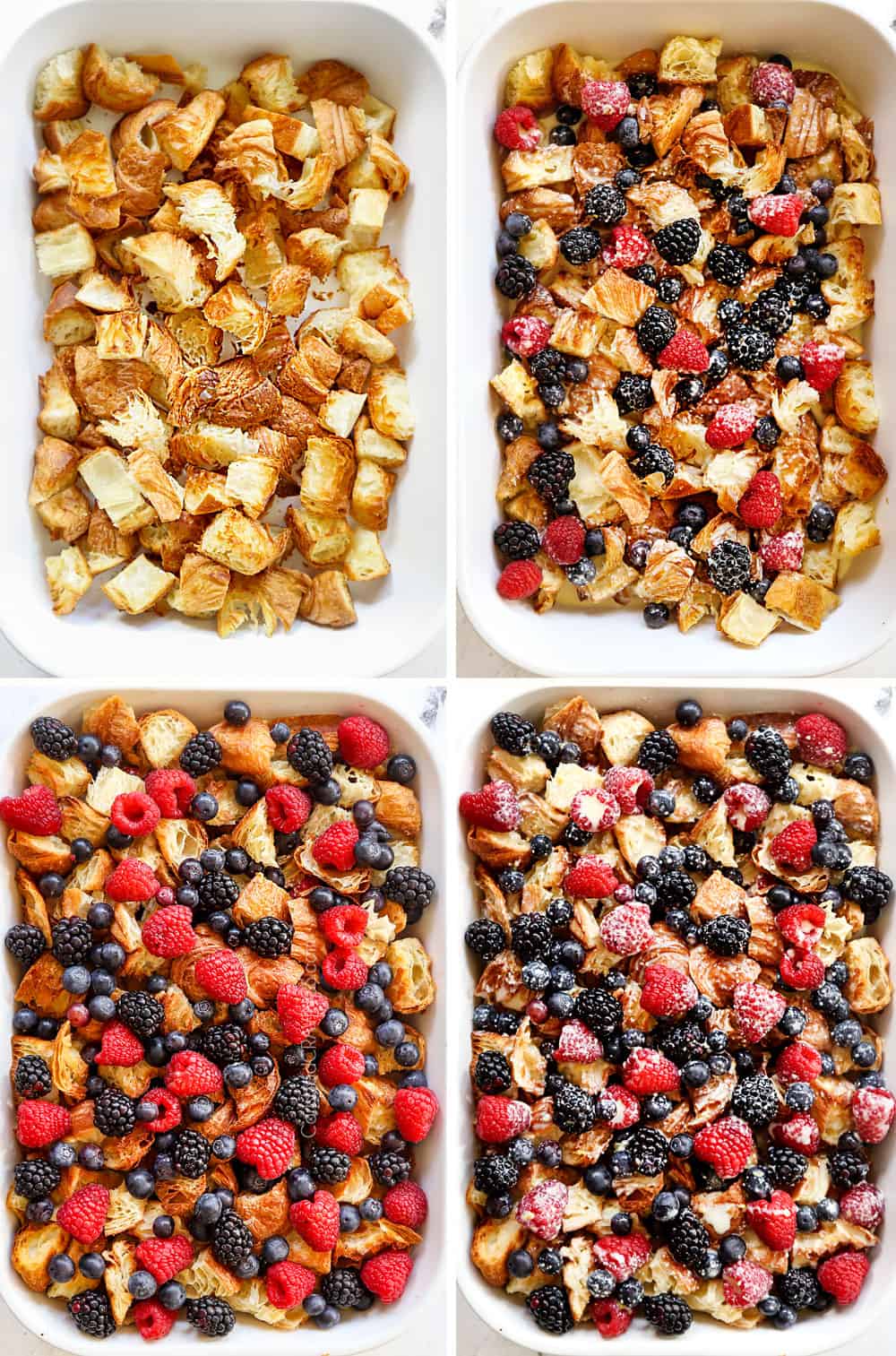 a collage showing how to make sweet breakfast casserole by adding croissants to baking dish then berries, then custard and repeating the layers