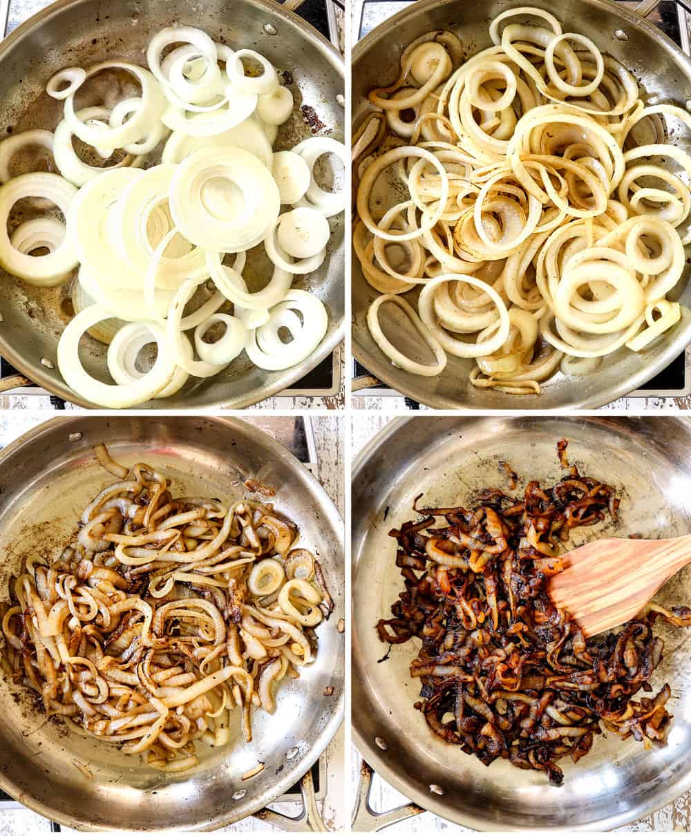 a collage showing how to make French Onion Chicken recipe in four stages from raw onions to completely caramelized