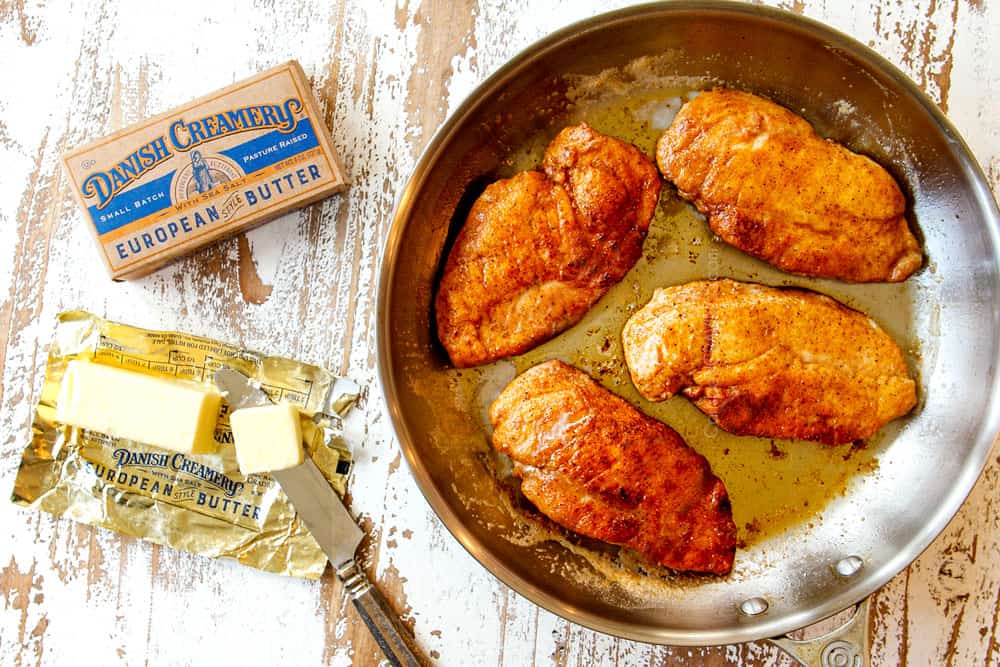 showing how to make French Onion Chicken recipe by searing four chicken breasts in a skillet