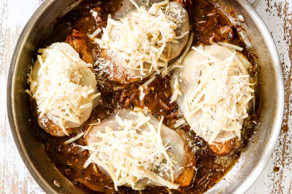 showing how to make French Onion Chicken recipe by adding Gruyere, provolone and Parmesan on top of chicken