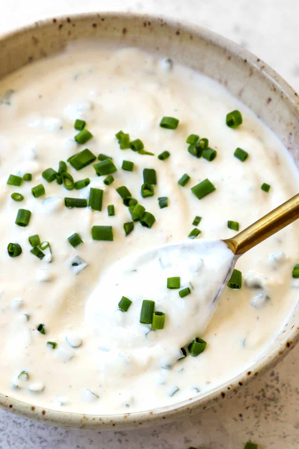 showing how to make horseradish sauce recipe by stirring in chives