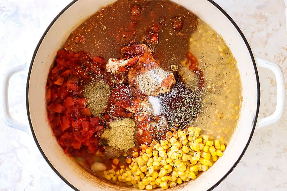 showing how to make buffalo chicken chili by adding broth, corn, tomatoes and seasonings to a pot