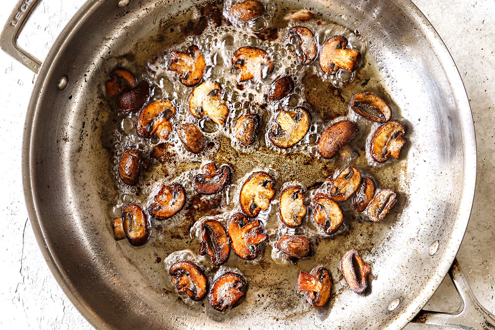 showing how to make Chicken mushroom recipe by sauteing mushrooms until golden