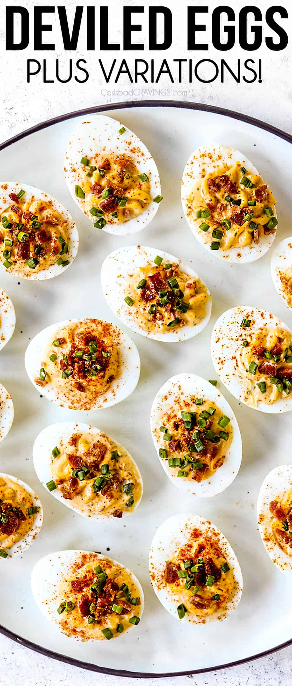 top view of deviled egg recipe with deviled eggs on a white platter