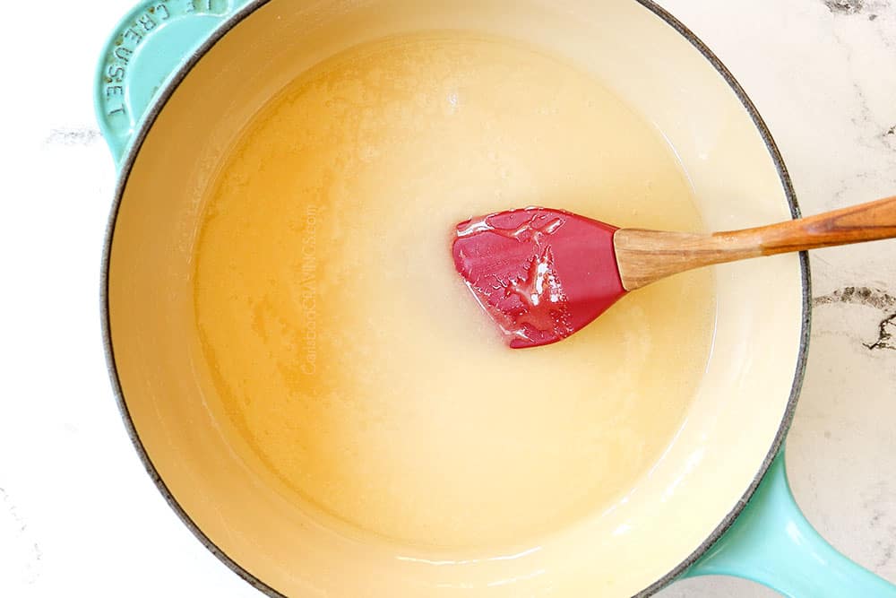 showing how to make lemon cake by mixing butter, sugar and lemon juice in a saucepan for the lemon syrup